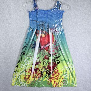 In Gear Dress Womens Sz M Smocked Sundress Vibrant Graphic Print Beachy Coverup